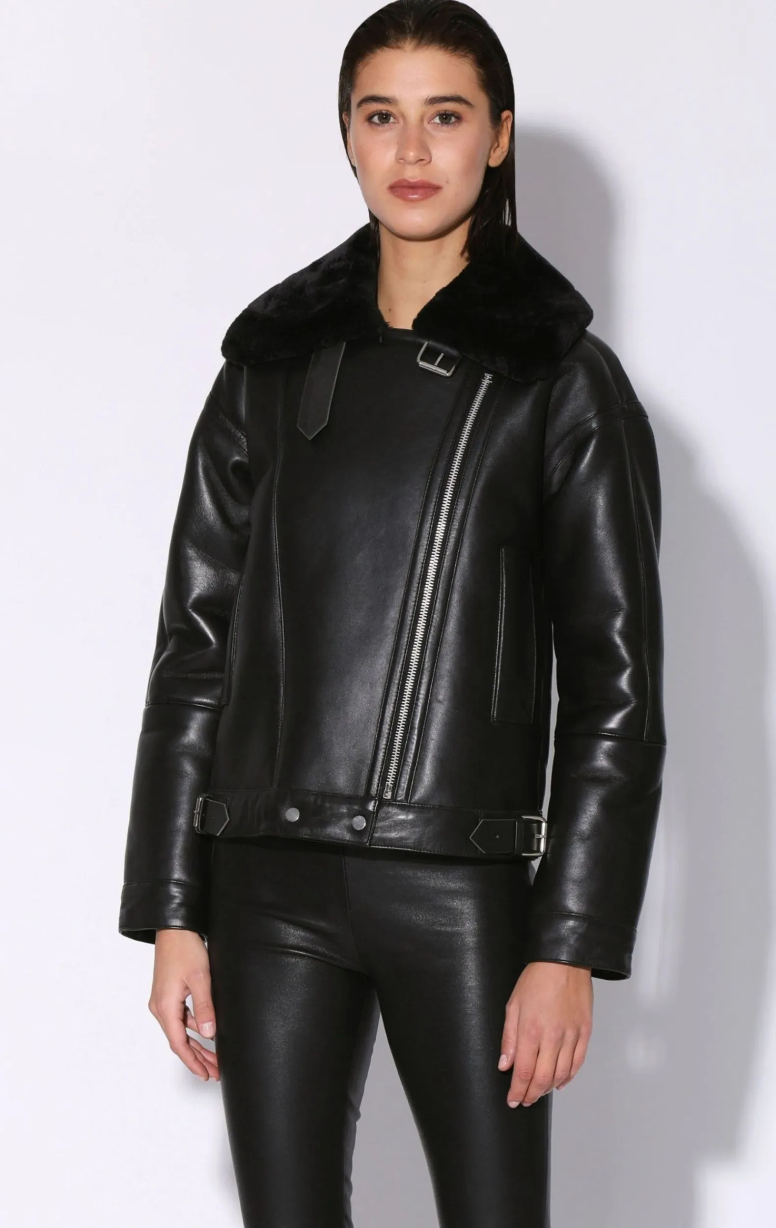 Leather>Walter Baker Mariah Jacket, Black Leather Black Fur-Leather Shearling