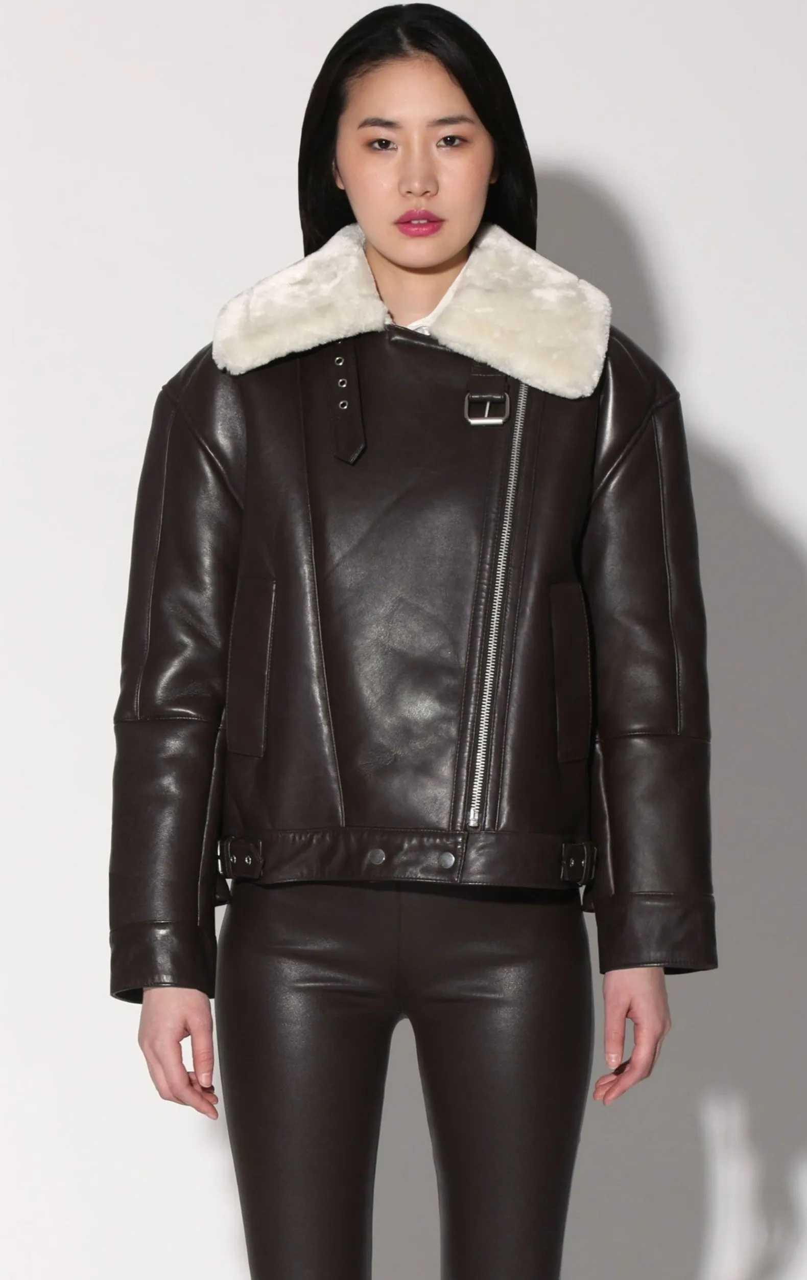 Leather>Walter Baker Mariah Jacket, Mocha Leather Off White Fur-Leather Shearling